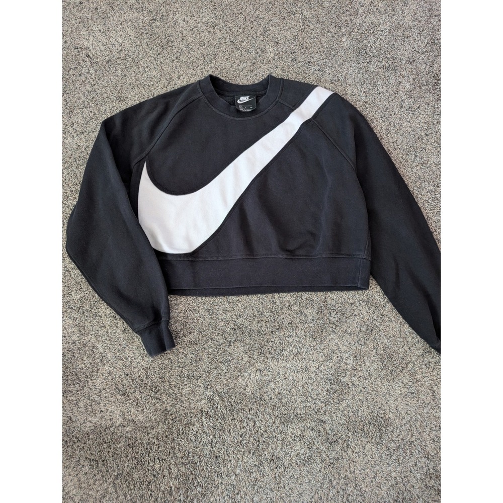 Nike Womens Big Swoosh Cropped Sweatshirt Black White Fleece Pullover Small